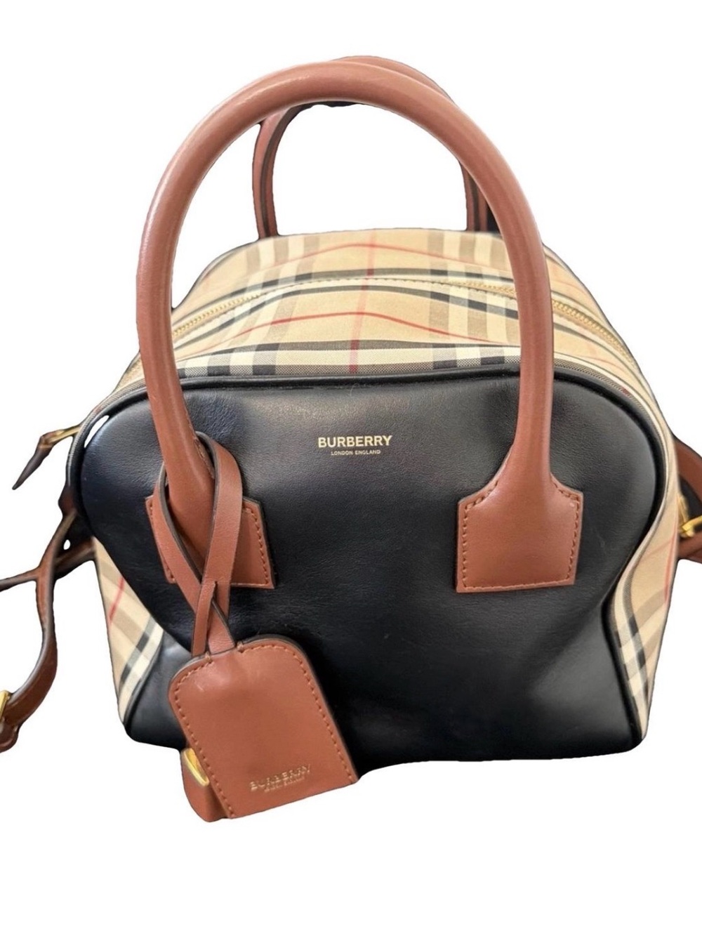 Burberry Black Leather & Beige Vintage Check Satchel with Brown Trim